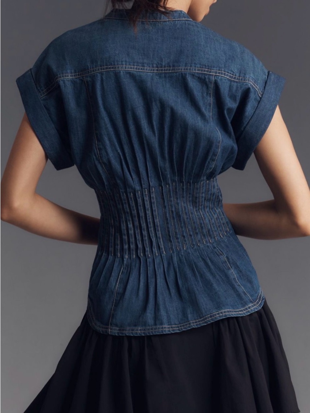 NWT Anthropologie Pilcro Linden Blue Denim Button-Front Pintuck Waist Blouse - Picture 7 of 9